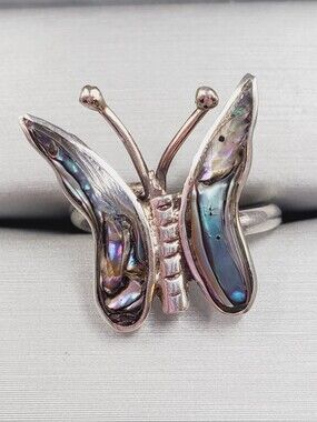 925 Sterling Silver Butterfly Vintage Ring with Abalone Inlay - Iridescent